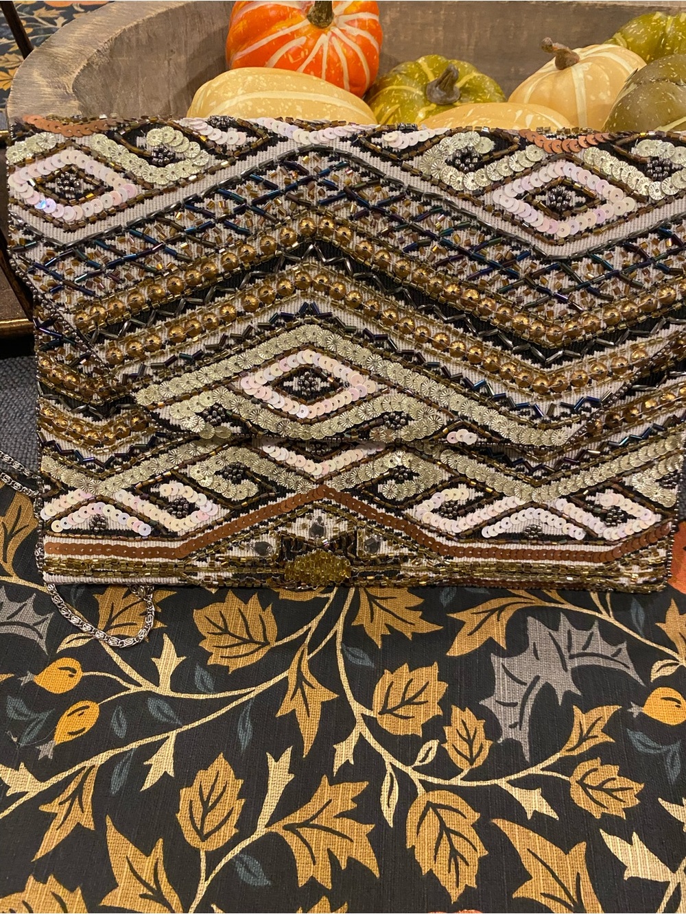 Beaded Geometric Envelope Clutch in Gold, Black & Cream